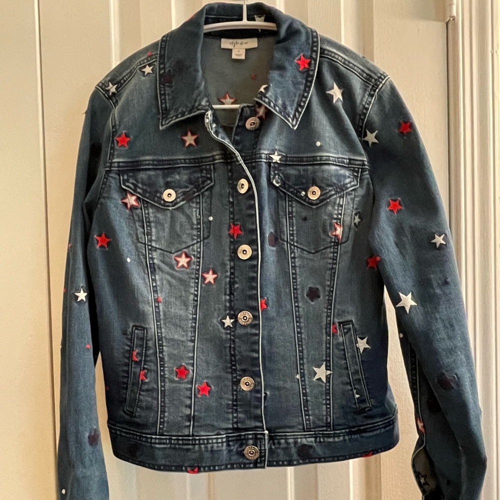 Style & Co from Macy’s. Star-Embellished Dark Blue Denim Jacket - Women Small